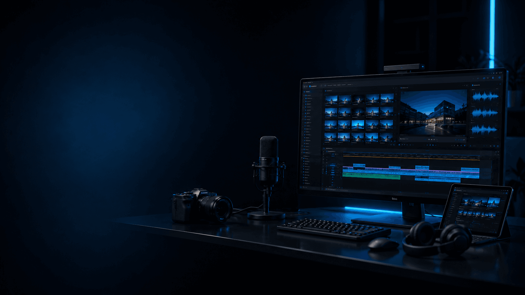 A connected content production workspace with editing, audio, and publishing tools